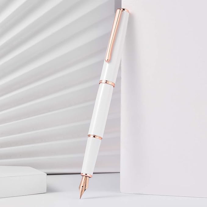 HongDian 920 White Metal Fountain Pen, Gold Plated Fine Point and Trim Classic Pen with Ink Converter, Smooth Writing Pen