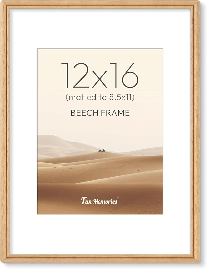 12x16 Picture Frame with Mat for 8.5x11, USA-Sourced Natural Beech Wood Handcrafted Rounded Corner with HD Tempered Glass, 12 x 16 Photo Frames Gallery Wall & Tabletop, Vertical or Horizontal Display