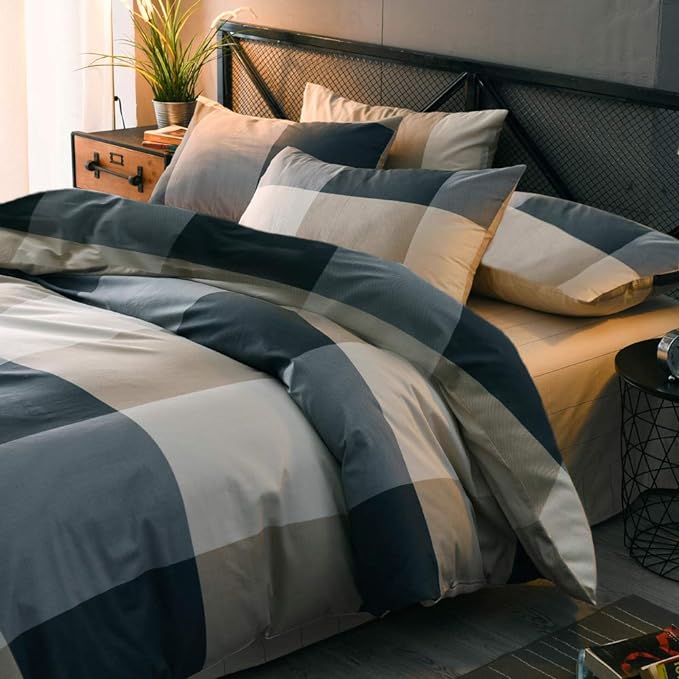 mixinni Twin Size Checkered Duvet Cover Set - 3 Piece Grey Geometric Cotton Bedding Set with Zipper Closure & Corner Ties, 100% Washed Cotton Soft Breathable Duvet Cover for Men, Women, Teens (Twin)