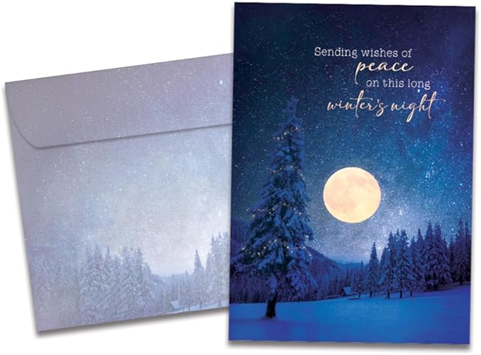 Tree-Free Greetings Peace in Winter's Night Solstice Cards - 10 Recycled 5x7 Cards & Matching Envelopes, Thick Cardstock, Sustainably Made in USA - Bright Full Moon