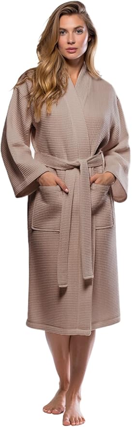 Turquaz Lightweight Waffle Knit Kimono Bathrobe - Soft Cotton Blend Spa Robe, Fast-Drying Full-Length Unisex Robes for Women