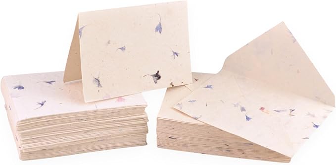 Kathmandu Valley Co. 50 Vintage 4x6 Handmade Lokta Paper Nepali Cherish Greeting Cards & Matching Decorative Flower Petal Envelopes. Folded blank cards. Handmade In Nepal. (Cornflower)