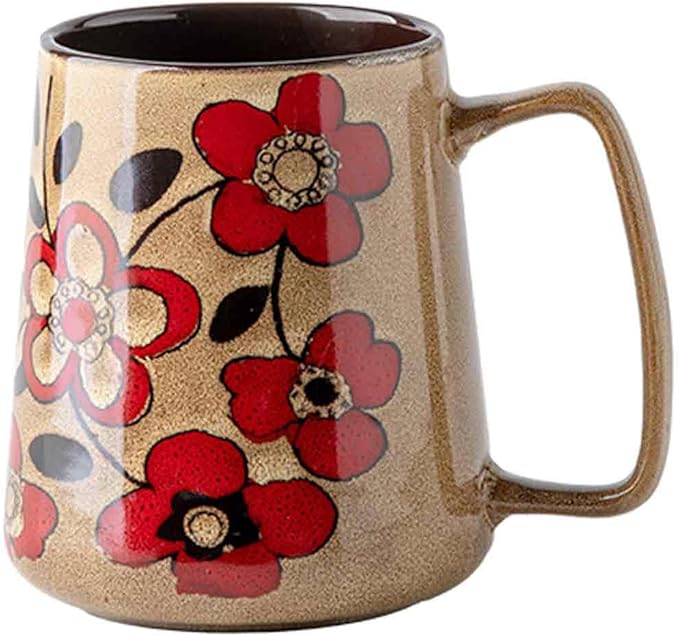 Large 24 oz Ceramic Coffee Mug with Handle, Vintage Coffee Cup, Extra Big Tea Cup for Office and Home, Dishwasher and Microwave Safe, Khaki with Red Flower,Perfect for Home and Work Gifts