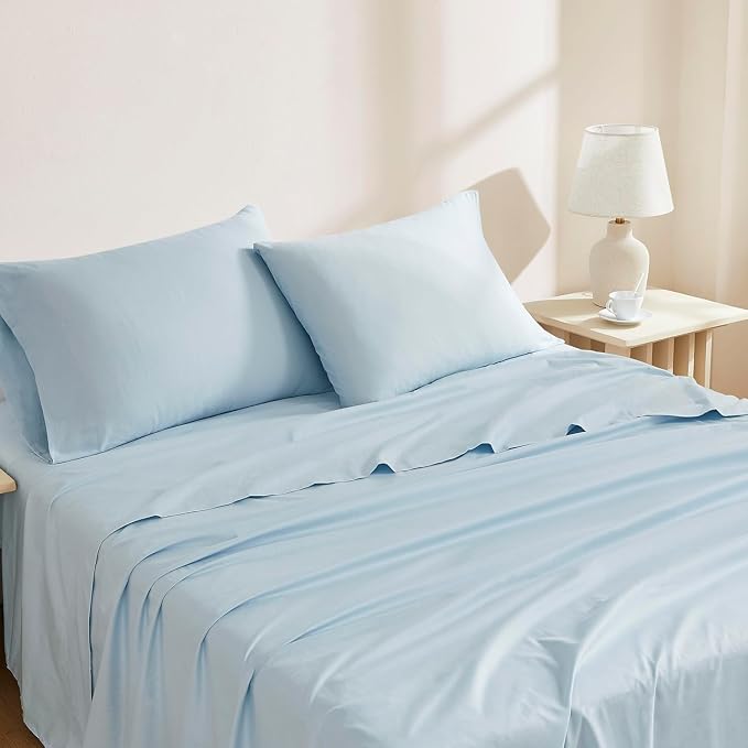 Linen Closet 100% Organic Cotton Full Size Sheets Set, 4 Pcs, Light Blue - Percale Bed Sheets & Pillowcases Set - Up To 16" Deep Pocket Fitted Sheet - Cooling, Crisp & Breathable - For Hot Sleepers