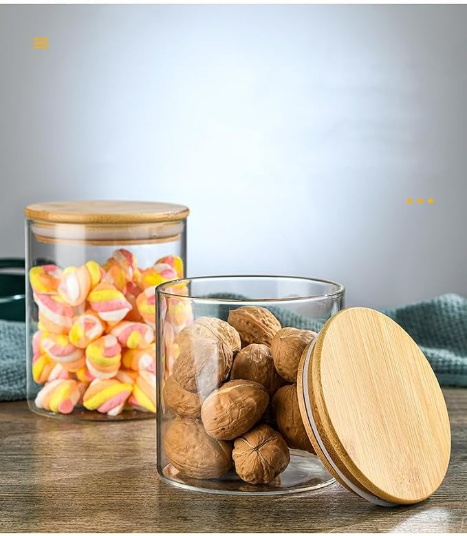 3-Piece sealed food storage containers, borosilicate glass jars with bamboo and wood lids, 2.6 to 4-inch diameter pantry jars, various sizes 2.6x2.4in to 4x11.8in.