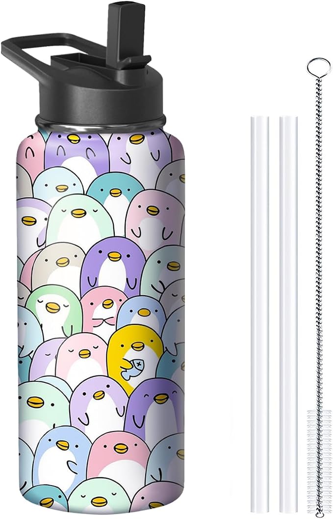 32oz Penguin Water Bottle with Handle and Flip Straw, Animal Sports Stainless Steel Insulated Cup Travel Coffee Mug Tumbler, Birthday Mothers Day Chritmas Gifts for Women
