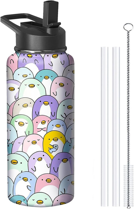 32oz Penguin Water Bottle with Handle and Flip Straw, Animal Sports Stainless Steel Insulated Cup Travel Coffee Mug Tumbler, Birthday Mothers Day Chritmas Gifts for Women