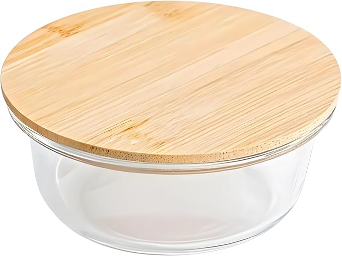 Glass Food Storage Bowl with Bamboo Lid, Clear, Microwave & Dishwasher Safe, 420 Ml/14.2 Oz