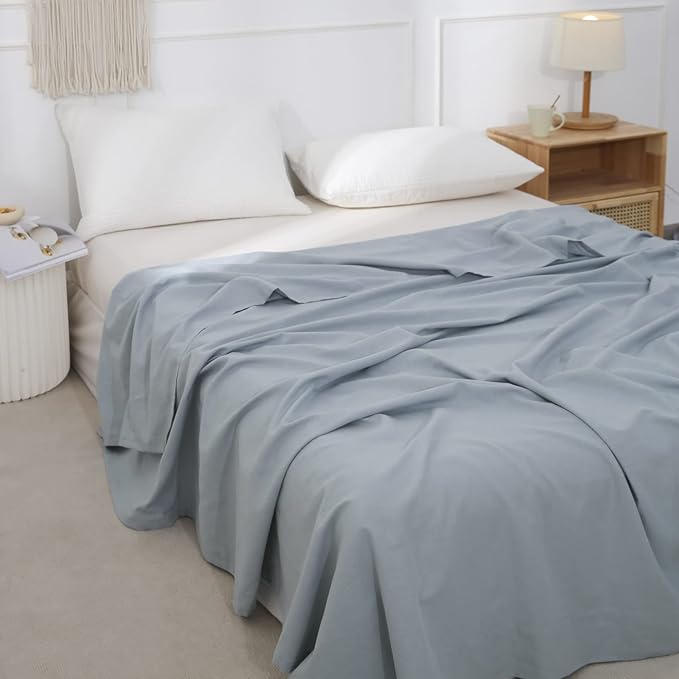 BISELINA Linen Sheet French Flax Flat Sheet Only 55% Euro Linen 45% Cotton Basic Style Solid Color Soft Breathable Farmhouse Top Sheet 1-Piece (King, Dusty Blue)