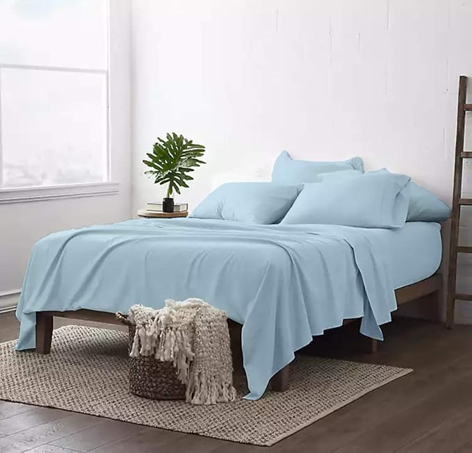 100% Real Certified Organic Cotton Bedsheet Set, King Size 6 Piece 800-Thread-Count Sheet Set, [1 Fitted + 1 Flat + 4 Pillowcases], Extra 30" Deep Pocket - Light Blue