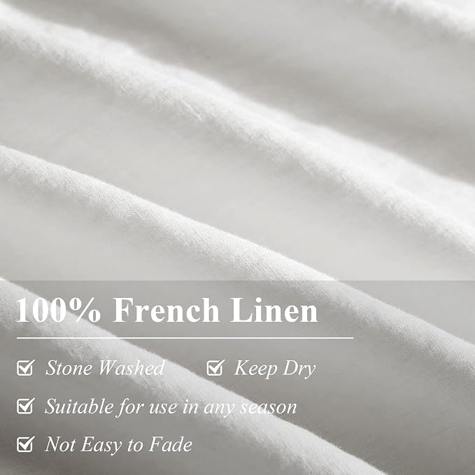 Ivellow Bed Linen Set, 100% Pure French Linen Duvet Cover, Queen, 3Pcs (1 Duvet Cover, 2 Pillowcases), Off White