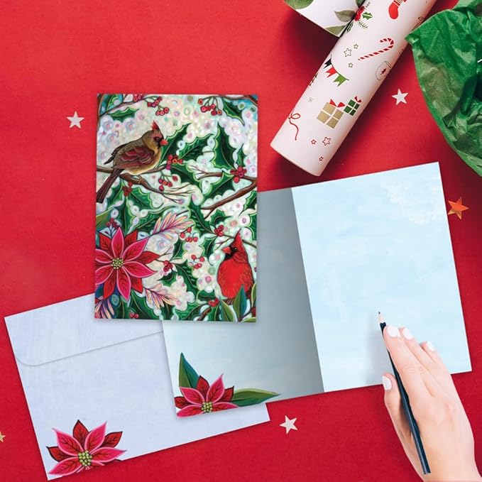 Tree-Free Greetings - Season's Greeting Cards - Artful Designs - 10 Cards + Matching Envelopes - Made in USA - 100% Recycled Paper - 5 x 7 - Holiday Cardinal (HB54444)