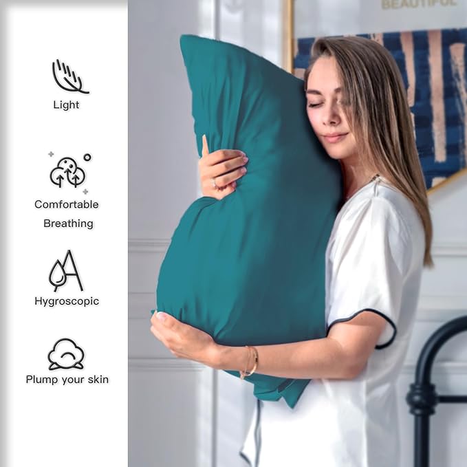 Silk Pillow Cases 2 Pack,Soft Breathable and Sliky Queen Size Pillow Cases Set of 2,Natural Mulberry Silk Pillowcase Set of 2 for Hair and Skin with Hidden Zipper (Teal,20"X 30",2pcs)