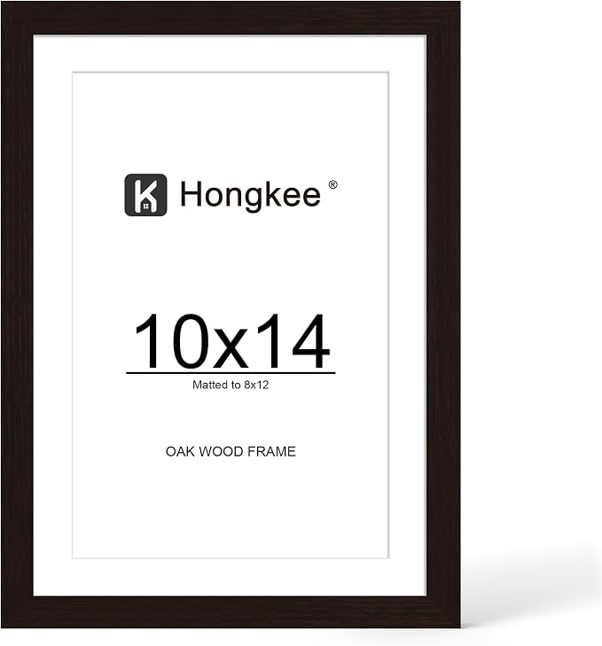 Hongkee 10x14 Oak Wood Picture Frame 1 Pack(Matted 8x12), Real Glass Cover | Black, 10 x 14 Solid Wood Frame for Wall or Tabletop Display - Includes Easel Back, Vertical Hang - Ideal for Home, Office
