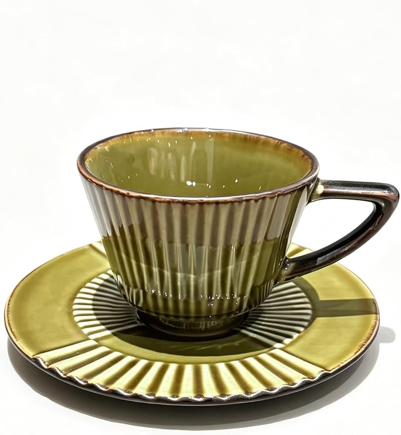Ceramic Coffee Cup and Saucer Set, 6.7 oz Espresso Cup Set with Plate, Olive Gold Ceramic Tea Cup for Latte, Cappuccino, Coffee Bar and Kitchen Décor