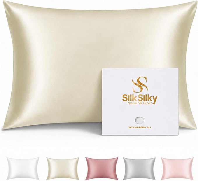 SilkSilky 100% Pure Organic Mulberry Silk Pillowcase for Hair & Skin, Both Sides Grade 6A Pillow Cases with Hidden Zipper, Breathable Cooling Silk for Beauty Sleep (Standard 20''x26'', Beige)
