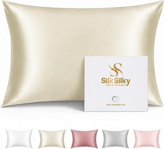 SilkSilky 100% Pure Organic Mulberry Silk Pillowcase for Hair & Skin, Both Sides Grade 6A Pillow Cases with Hidden Zipper, Breathable Cooling Silk for Beauty Sleep (Standard 20''x26'', Beige)