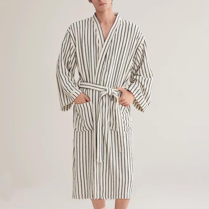 Cotton Terry Stripe Bathrobe For Women And Men,Luxury Kimono Soft Terry Cloth Robe,Comfortable Loungewear Nightwear