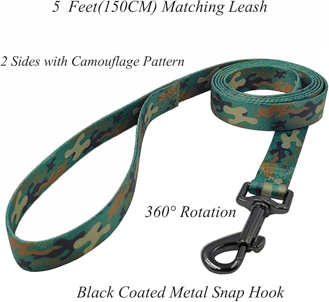 Dog Collar Leash Set, Camouflage Pattern, Polyester Material, Adjustable Collar and 5ft Matching Leash, for Puppy Dogs.(XS, Green Camo)
