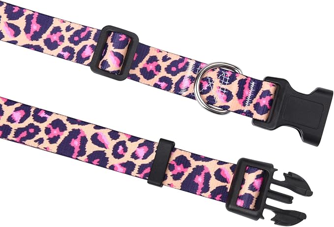 Mihqy Dog Collar and Leash Set with Bohemia Floral Tribal Geometric Patterns - Soft Ethnic Style Collar Adjustable for Small Medium Large Dogs(Pink Leopard Set,M)