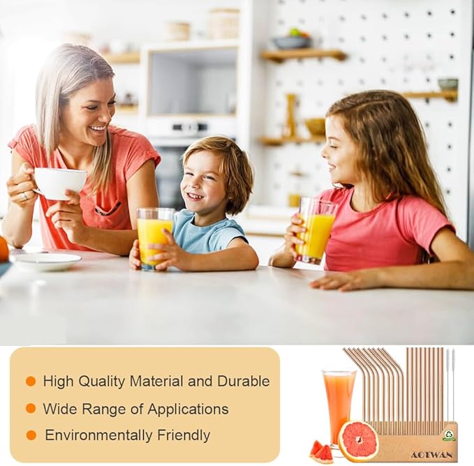 AOTWAN Straws, Stainless Steel Straws, Rose Gold Metal Straw, Reusable, Includes 9 Straight + 9 Curved + 2 Cleaning Brushes, Stainless Steel Straw for Cocktails, Smoothies