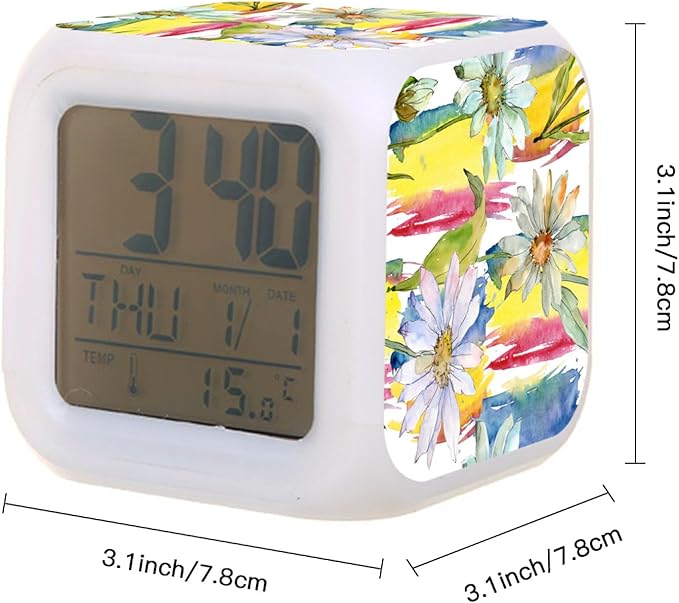 Digital Alarm Clock,Daisy Floral Botanical Flower 7 Color Change LED Digital Alarm Clock with Date Thermometer for Toddlers,Girls and Boys