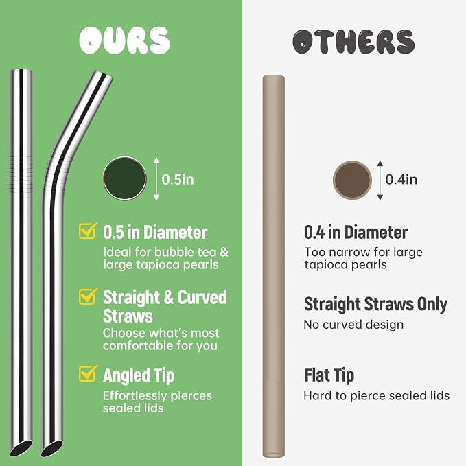 NiHome 8-Pack Stainless Steel Straws for Boba, Smoothie, 10.4” Metal Straws | 0.5'' Extra Wide Metal Reusable Straws, 4 Bent & 4 Straight Long Drinking Straw for Bubble Tea, Milkshake, 2 Brushes, Silver