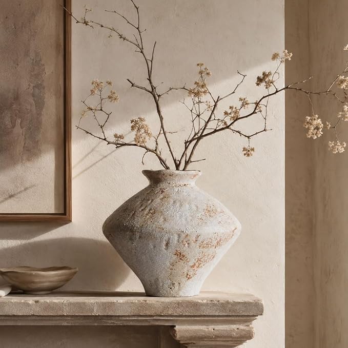 Wabi Sabi Rusty Vintage Vase, 11.4" Tall Wabi Sabi Decor Rustic Farmhouse Pottery Vase for Centerpiece, Textured Pottery Flower Vases for Home Decorative, Table, Living Room (White, Large)