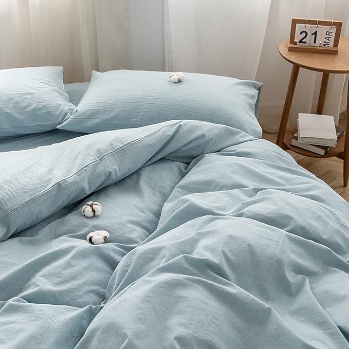 FACE TWO FACE Bedding Duvet Cover Set100% Washed Cotton Duvet Cover Linen Like Textured Breathable Durable Soft Comfy(Full, Light Blue)