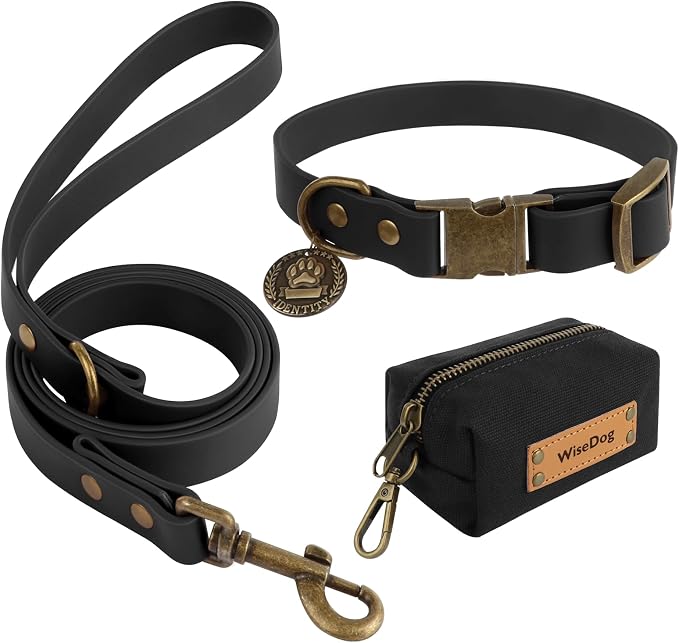 Wisedog Waterproof Dog Collar and Leash Set, XL, Black | Adjustable Puppy Collar, Cute Tag, 6FT Dog Leash, Poop Bag Included, Small Medium Large Dogs