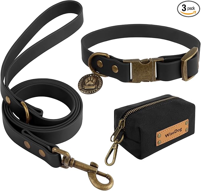 Wisedog Waterproof Dog Collar and Leash Set, XS, Black | Adjustable Puppy Collar, Cute Tag, 4FT Dog Leash, Poop Bag Included, Small Medium Large Dogs