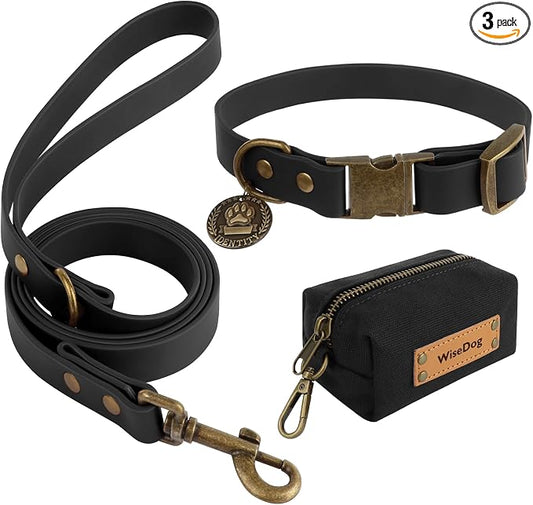 Wisedog Waterproof Dog Collar and Leash Set, Small, Black | Adjustable Puppy Collar, Cute Tag, 4FT Leash, Includes Poop Bag