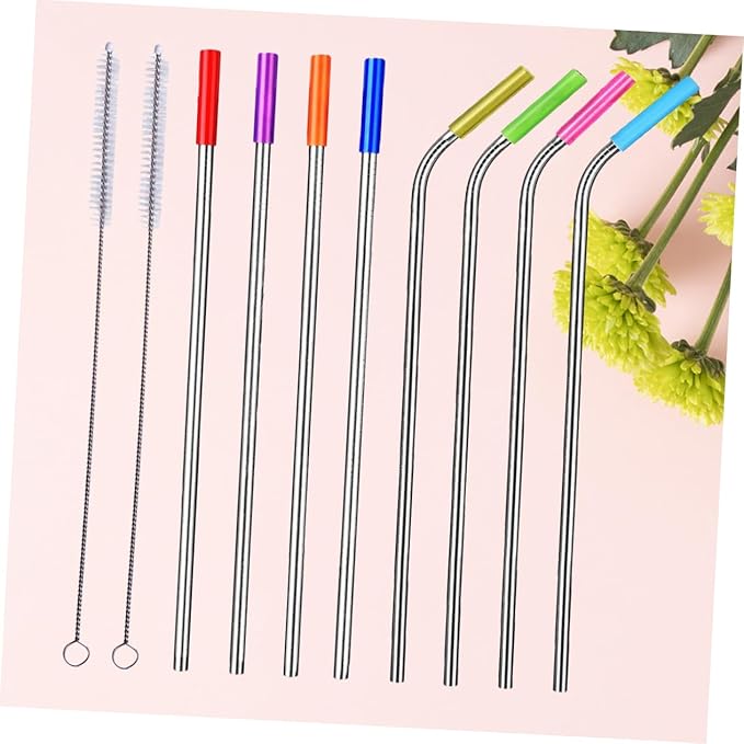 304 Stainless Steel Reusable Drinking Straws Set 8pcs Curved and Straight Straws with Food-Grade Silicone Tips Includes Cleaning Brush for Smoothies and Bubble Tea