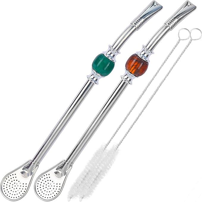 Premium Yerba Mate Straws - Reusable Stainless Steel Bombilla with Colorful Beads - Set for Mate Gourd Drinking, Removable Head Filter (Brown - Green)