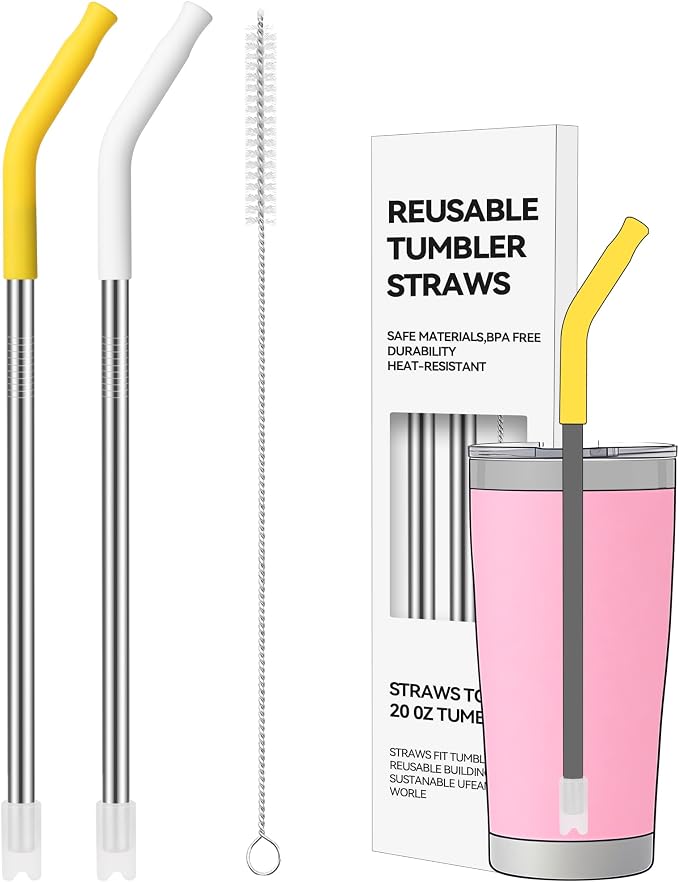 2 PCS 20 oz Straight Metal Straws with Silicone Tip for Tumbler | Long Drinking Replacement Straw for YETI, STANLEY, US Acrylio, BJPKPK, Simple Modern and so on