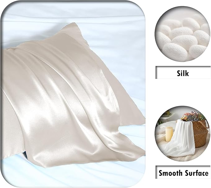 Mulberry Silk Pillowcase for Hair and Skin Standard Size 20"X 26" Pillow Case with Hidden Zipper Soft Breathable Smooth Cooling Silk Pillow Covers for Sleeping (Beige,Standard,1Pcs)