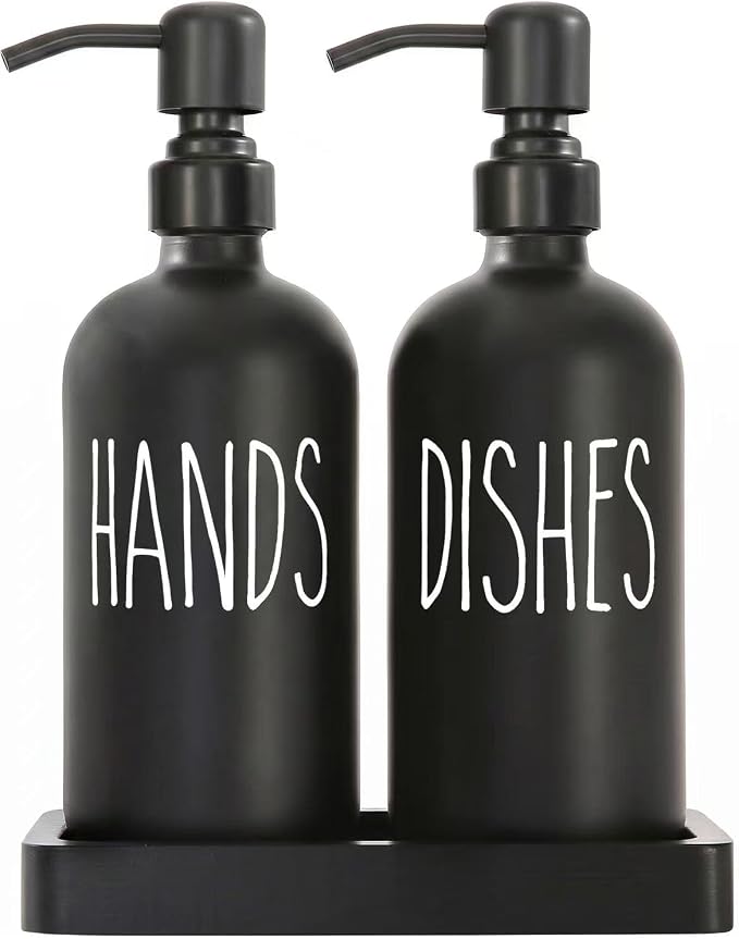 MOMEEMO Matte Black Soap Dispenser Set, Contains Dish Soap Dispenser for Kitchen and Hand Soap Dispenser with Ceramic Tray, Suitable for Black Kitchen Decor. (Black)