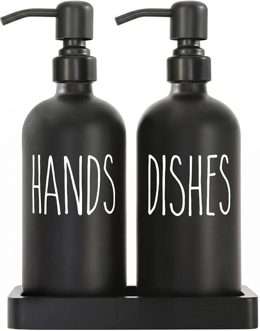 MOMEEMO Matte Black Soap Dispenser Set, Contains Dish Soap Dispenser for Kitchen and Hand Soap Dispenser with Ceramic Tray, Suitable for Black Kitchen Decor. (Black)