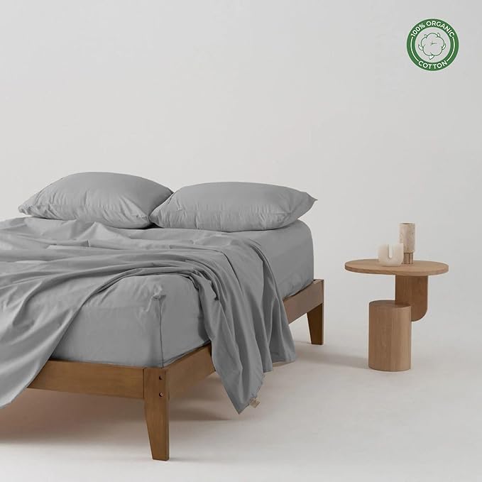 Pure 100% Certified Organic Cotton Bed Sheet Set 1000 Thread Count, 4 Piece Bedding Set, 24" Extra DEEP Pocket, Crisp and Cooling Sateen Weave, Eco-Friendly -(Light Grey, Full-XL)