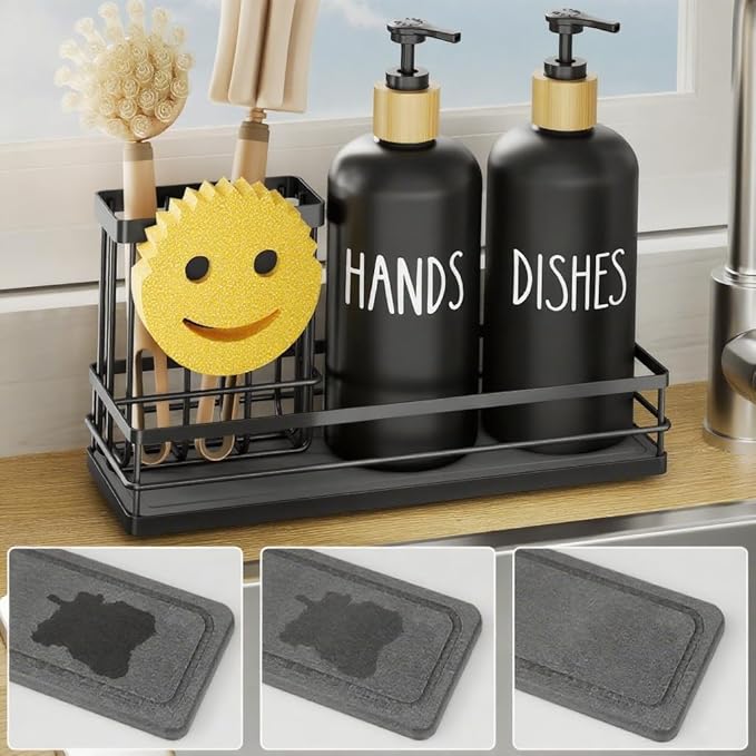 Moforoco Kitchen Dish Soap Dispenser Set, 16OZ Glass Bottle, Hand and Dish Soap Dispenser Set, Instant Dry Tray, Brush Holder with Smiley Face Sponge Holder (Black Tray+Black Bottle)