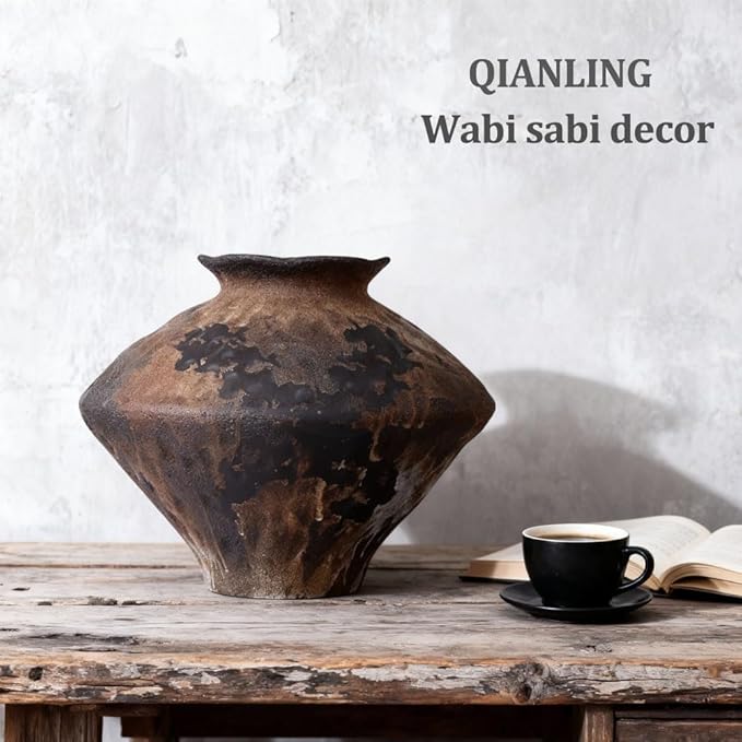 Wabi Sabi Rusty Vintage Vase, 11.4" Tall Wabi Sabi Decor Rustic Farmhouse Pottery Vase for Centerpiece, Textured Pottery Flower Vases for Home Decorative, Table, Living Room (Black Brown, Large)