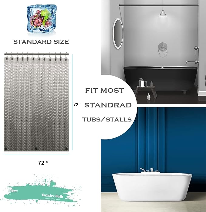 3D Crystal Grey Plastic Shower Curtain Liner, 72x72 Inch Thin Lightweight Ice Cube Plastic Bathroom Shower Showroom Inner Curtain with Rustproof Metal Grommet Holes and Weighted Magnets