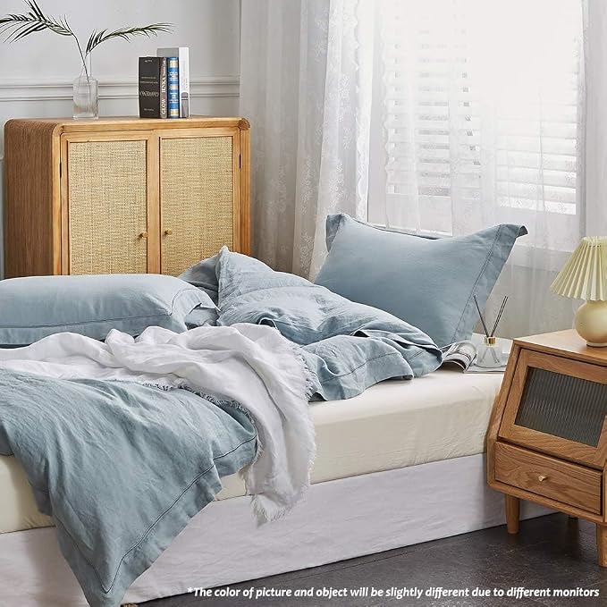 Simple&Opulence 100% Washed Linen Duvet Cover with Embroidered, 2 Pieces Soft Farmhouse Comforter Set with Button Closure,1 Duvet Cover and 1 Pillowsham(Twin,Dusty Blue)