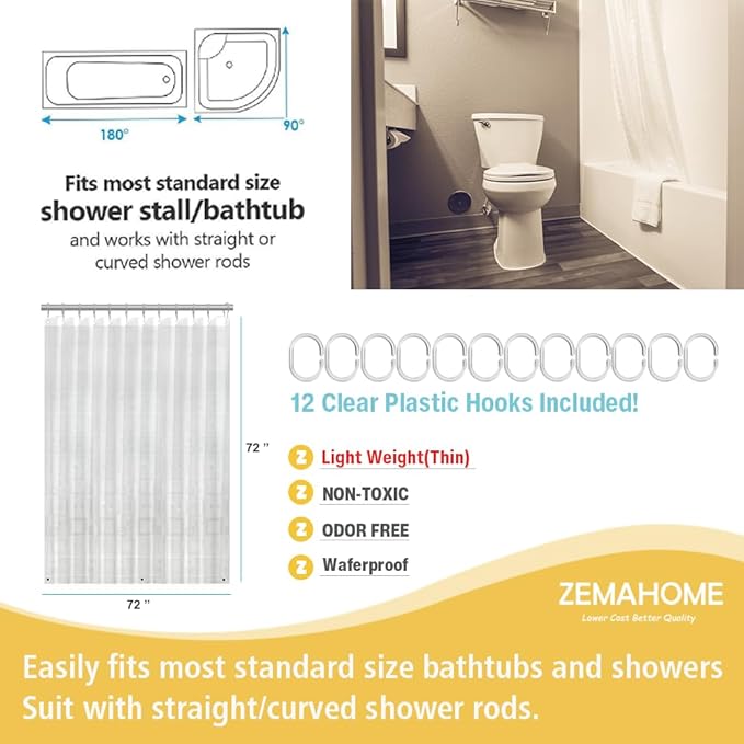 ZEMAHOME Thin 3D EVA Shower Curtain Liner Geometric, 72x72 Premium Light Weight Clear Plastic Bathroom Shower Curtain with Rustproof Metal Grommets 3 Magnets for Shower Stall, Bathtubs