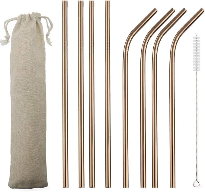 JASHII 2 Set Reusable Portable Metal Straws Stainless Steel Eco-friendly Drinking Straw with Travel Cloth Bag (4 Bent 4 Straight 2 Brush),Rose