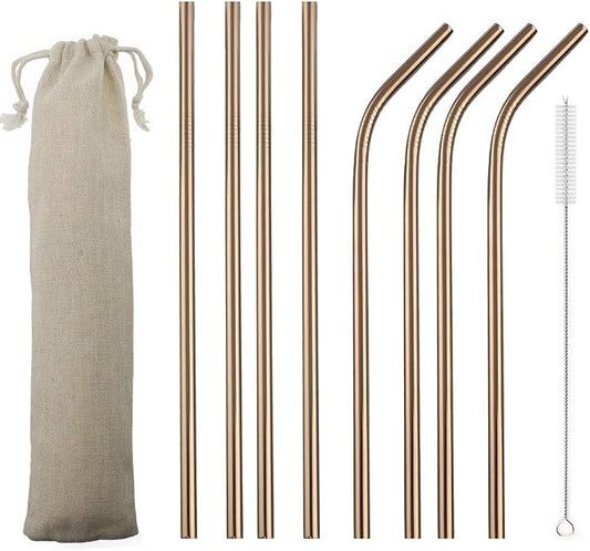 JASHII 2 Set Reusable Portable Metal Straws Stainless Steel Eco-friendly Drinking Straw with Travel Cloth Bag (4 Bent 4 Straight 2 Brush),Rose