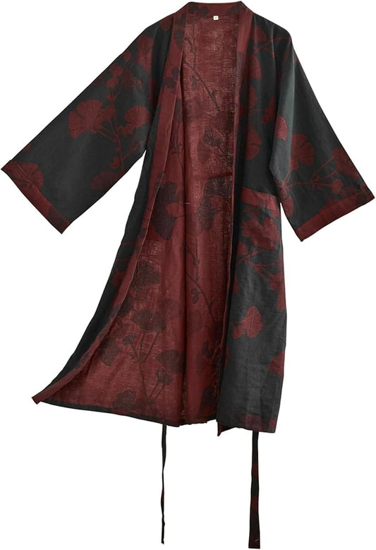 100% Cotton Gauze Ginkgo Leaf Kimono Robe, Long Knit Loose Bathrobe Nightgown Ladies Loungewear Sleepwear for Women