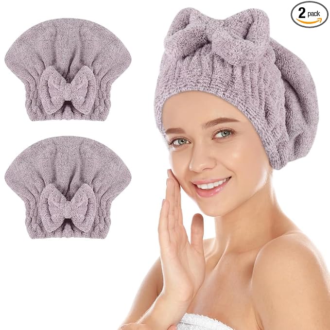 SUNLAND Large Microfiber Hair Drying Caps with Bow knot Fast Drying Shower Cap Soft and Absorbent hairWrap Hair Turban Bath Caps for Curly Thick and wet Hair 11 X 13.4 inch 2 Pack Purple