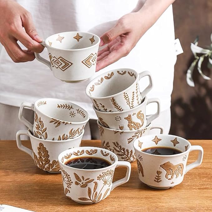 Ceramic Mug 1 pc, 11oz - Vintage Coffee Mug, Pottery Cups for Milk, Latte, Cappuccino, Tea - Porcelain Dishwasher, Microwave Safe Stoneware Gift for Women Men, Brown Leaf
