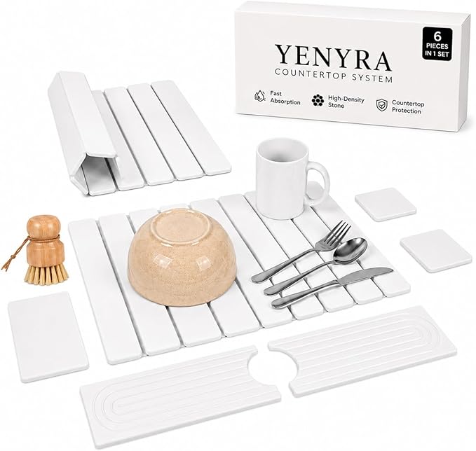 6-Pack Large Stone Dish Drying Mat for Kitchen Counter 23”x15” - Quick-Dry Absorbent Diatomaceous Earth Mat Set - Stone Faucet Mat 4"x23" + 3 Stone Trays 4"x8", 4"x4"+ Bamboo Palm Brush (White)